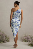 Late Night Blue Floral Print Maternity Ruched One Shoulder Midi Dress