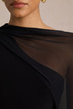 Mirelle Black Asymmetric Neck Maxi Dress With Sheer Cape Sleeve