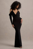 Hurghada Black Plunge Neck Long Sleeve Maxi Dress