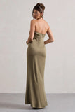 Azra Olive Satin Bandeau Maxi Dress
