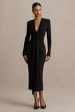 Ivara Black Plunge Neck Midi Dress With Ruched Detailing And Sash