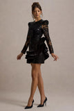 Myka Black Sequin Long Sleeve Ruffle Hem Mini Dress