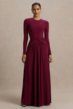 Estrella Berry High Neck Maxi Dress With Ruched Detailing