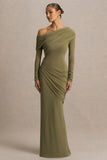Perrie Olive Asymmetric Neck Maxi Dress With Ruched Detailing