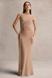 Solene Brown High Neck Maxi Dress With Wrap And Drape Detail