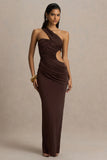 Serefine Brown Asymmetric Neck Maxi Dress With Body Cut Out
