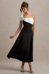 Malta Black White One Shoulder Midi Dress