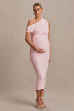 Linnea Blush Pink Asymmetric Neck Maternity Midi Dress
