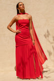 Kylie Red High Neck Maxi Dress With Chiffon Skirt
