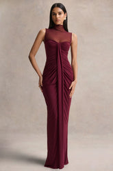 Brialle Burgundy High Neck Maxi Dress With Mesh And Gathered Detailing