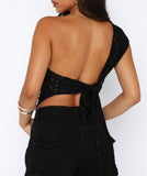 Women One Shoulder Lace Top Irregular Hem Backless Crop Tops See Through Sheer Tank Tops Going Out Clubwear
