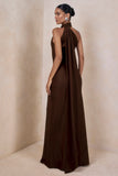 Cara Brown Matte Satin High Neck Maxi Dress
