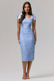 Precious Treasure Powder Blue Square Neck Midi Dress With Tie Details