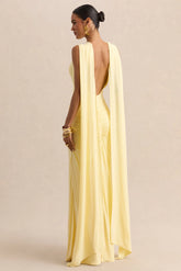 Premiere Lemon Boat Neck Maxi Dress With Cape Sleeves And Open Back