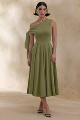 Daring Olive Asymmetric Neck Midi Dress With Knot Detail