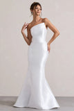 Define White Satin Asymmetric Fishtail Maxi Dress