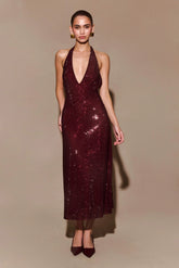 Genie Diamante Halter Midi Dress Mahogany