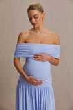 Juliette Powder Blue Bardot Neck Maternity Maxi Dress With Drop Waist