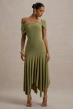 Castor Olive Asymmetric Midi Dress
