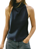Women Halter Top Cowl Neck Backless Satin Silk Tank Tops Elegant Going Out Clubwear