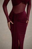 Cover Star Burgundy Mesh Bardot Long Sleeve Draped Maxi Dress