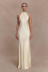 Esther Iridescent Satin Cowl Maxi Dress Lemon Sorbet