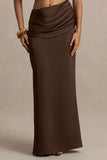 Megan Brown Satin Wrap Maxi Skirt With Gathered Detailing