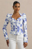 Olympia Blue Floral Print Sweetheart Neck Tailored Top