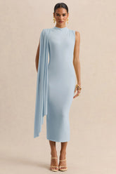 Oleandra Light Blue High Neck Midi Dress With Draped Detail