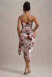 Axel Cream Floral Print Satin Strapless Wrap Midi Dress
