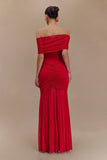 Caspian Slinky And Mesh Off Shoulder Maxi Dress Ruby