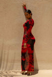 Marcy Red And Black Floral Print High Neck Maxi Dress