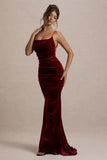 Adele Berry Velvet Ruched Strappy Fishtail Maxi Dress