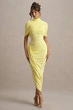 Enchant Lemon Asymmetric Twisted Cape Midi Dress