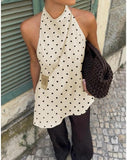 Women Polka Dot Satin Halter Top Backless Side Slit Tank Tops Going Out Clubwear