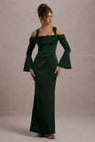 Heartthrob Green Satin Draped Bardot Maxi Dress