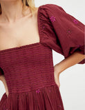 Women Floral Embroidered Maxi Dress Long Puff Sleeve Square Neck Bohemian Flowy Dress with Pockets Summer Fall