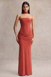 Graciella Rust Bandeau Maxi Dress With Draped Detailing And Scarf