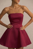 Lioray Burgundy Satin Bandeau Neck A Line Mini Dress