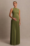 Outline Olive Crew Neck Maternity Maxi Dress With Pleated Skirt