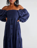Women Floral Embroidered Maxi Dress Long Puff Sleeve Square Neck Bohemian Flowy Dress with Pockets Summer Fall