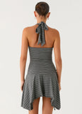 Bad Alive Halter Hanky Mini Dress Grey Marle Stripe