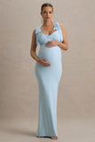 Sheen Powder Blue Sweetheart Bow Strap Maternity Midi Dress