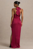 Lynette Burgundy Satin Plunge Neck Maxi Dress With Asymmetric Hem