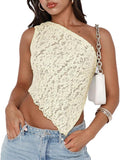Women One Shoulder Lace Top Irregular Hem Backless Crop Tops See Through Sheer Tank Tops Going Out Clubwear