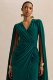 Ulissia Bottle Green V Neck Maxi Dress With Cape Sleeves