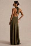 Mist Olive Plunge Neck Maxi Dress With Knot Detail And Open Back