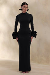 Jaselle Black High Neck Maxi Dress With Ruffled Satin Cuffs