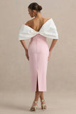 Lucille Rose Pink Asymmetric Bardot Midi Dress With Bow Detail