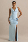 Pure Affection Powder Blue Cowl Neck Maxi Dress With Ruched Detailing And Front High Split